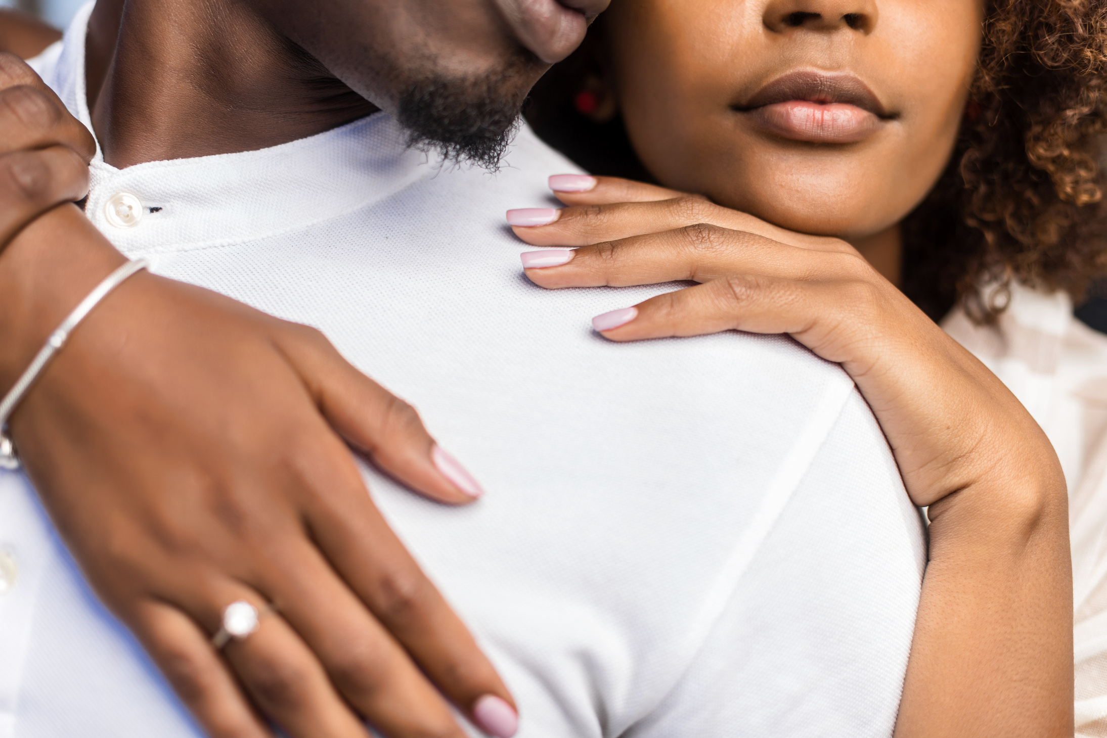 Close up Outdoor Protrait of Black African American Couple Embra
